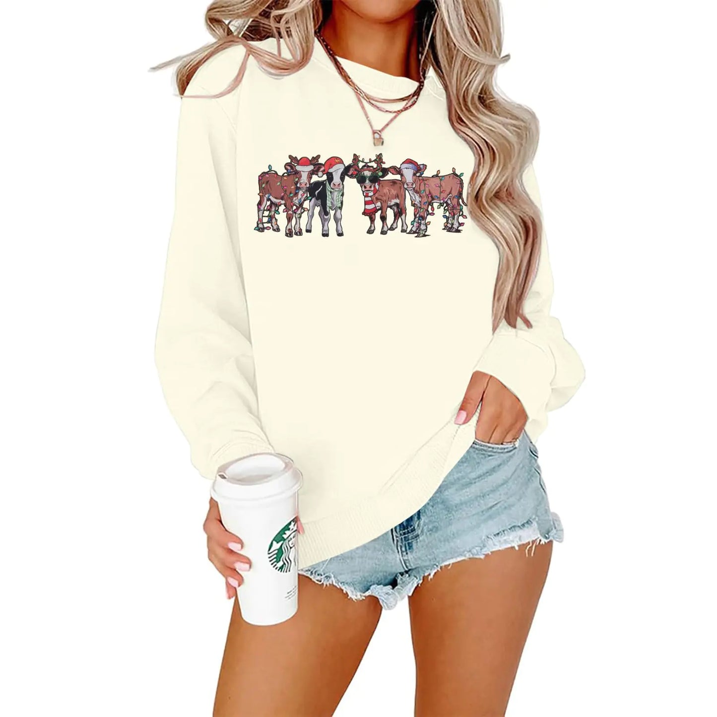 KNEYATTA Cow Christmas Sweatshirt Women Heifer Christmas Shirt Cow Lover Xmas Gift Shirt Farm Christmas Shirt Apricot