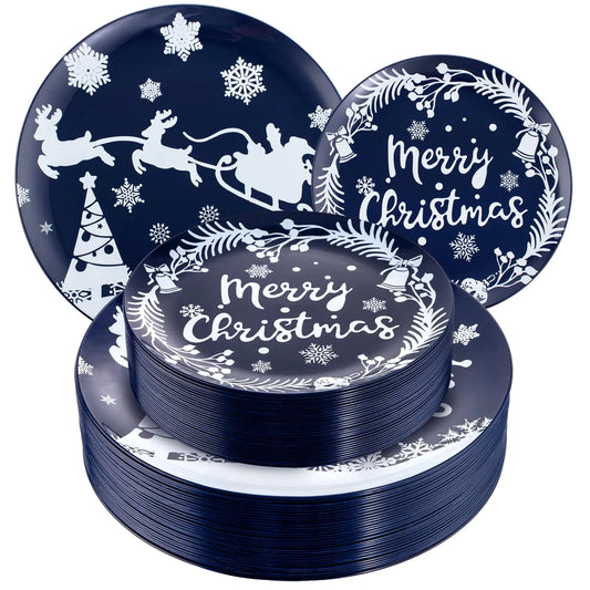 supernal 60pcs Christmas Plastic PlatesBlue Plastic Plates with White Christmas DesignParty Plastic Plates Special for Christmas Hanukkah