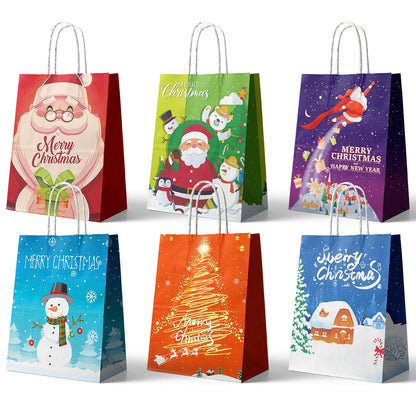 24Pcs Christmas Kraft Gift Bags Holiday Paper Gift Bags Medium Christmas Gift Bags with Handles Christmas Kraft Paper Bags Bulk Christmas Paper Bags with Handles  Six Designs for Christmas Holidays Party Favors and Presents
