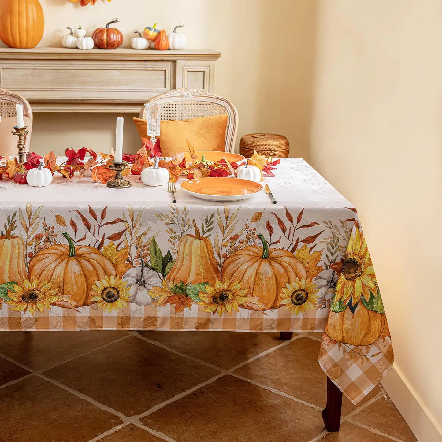 Softalker Thanksgiving Jacquard Rectangle Tablecloth Fall Harvest Pumpkins Buffalo Plaid Table Cloth Autumn Washable Table Cover for Holiday Dining Party Decor SunflowerPumpkinPLD 60 x 102 Inch
