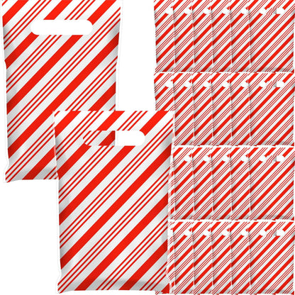 TecUnite 100 Pieces Christmas Plastic Gift Bags Christmas Red and White Striped Candy Bags with Handles Christmas Treat Bags Goodie Bags for Christmas Party Favors
