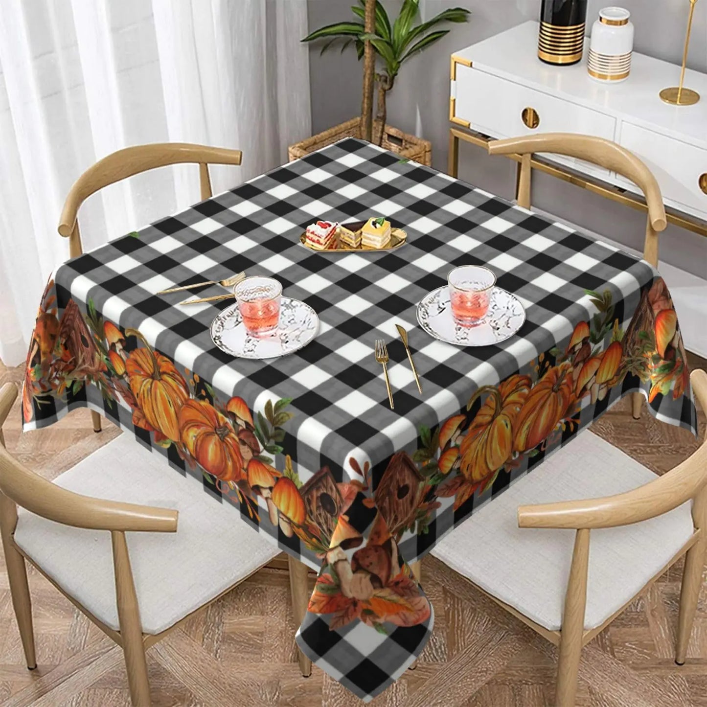 AGAYNA Fall Tablecloth Square 54x54 Inch Black White Buffalo Plaid Table ClothStain Resistance Thanksgiving Day Pumpkin Harvest Table Covers for Kitchen DiningSmall Tablecloth for Party Picnic