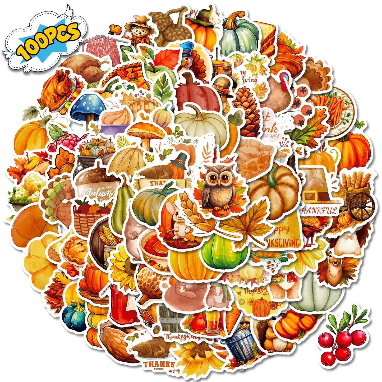 100PCS Fall Thanksgiving Stickers Bundle Fun Turkey Pumpkin Styles for Kids Premium Waterproof Vinyl for Water Bottle Decoration Card Crafts Scrapbooking and Harvest Celebrations