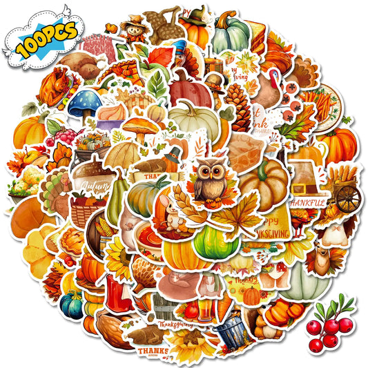 100PCS Fall Thanksgiving Stickers Bundle Fun Turkey Pumpkin Styles for Kids Premium Waterproof Vinyl for Water Bottle Decoration Card Crafts Scrapbooking and Harvest Celebrations