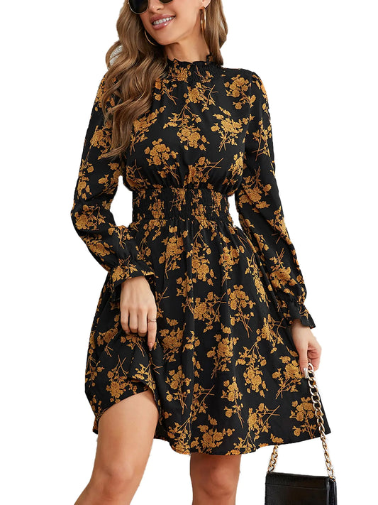 PHIXWORLD Women Fall Wedding Guest Party Dresses 2024 A Line High Neck Long Sleeve Smocked Thanksgiving Dress Caramel PH226-3-S