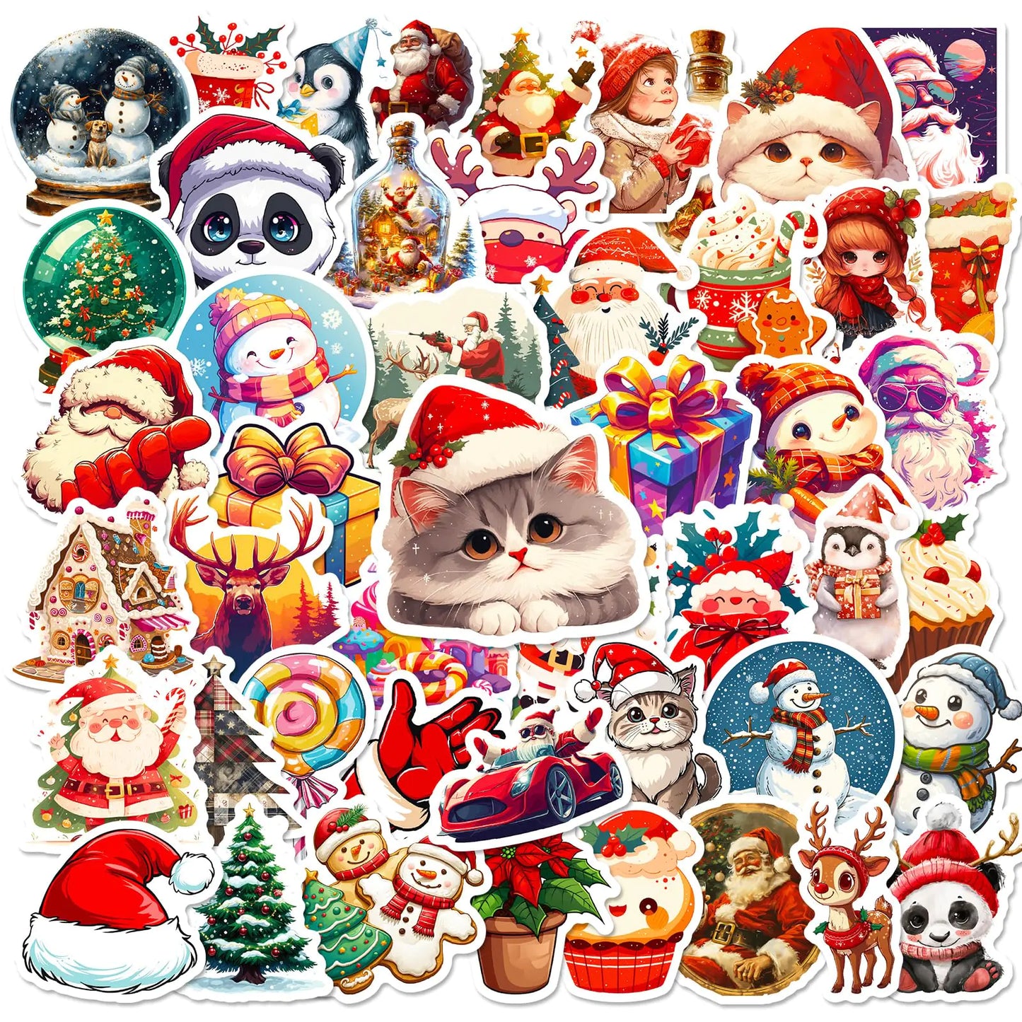 50PCS Non Repeating Christmas Cartoon Santa Claus Christmas Tree Themed Stickers Vinyl Waterproof Holiday Party Stickers Christmas Party Sticker Decorations(D)