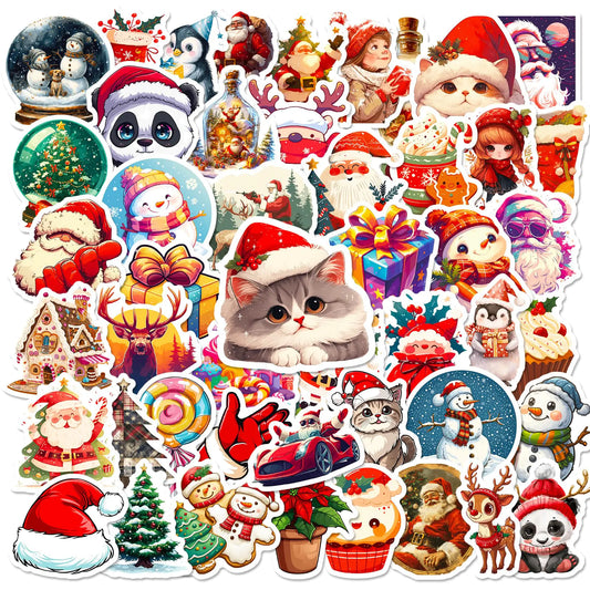 50PCS Non Repeating Christmas Cartoon Santa Claus Christmas Tree Themed Stickers Vinyl Waterproof Holiday Party Stickers Christmas Party Sticker Decorations(D)