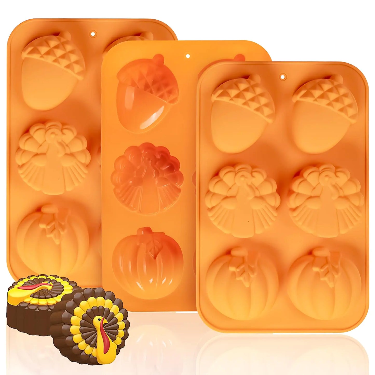 Turkey Pumpkin Cake Molds 3 Pack Fall Molds Silicone Turkey Mould for Thanksgiving Mini Cake Muffin Baking Halloween Cupcake Pan Dessert Mousse Oreo Mold Tray Set for Making Thanksgiving Soap Resin