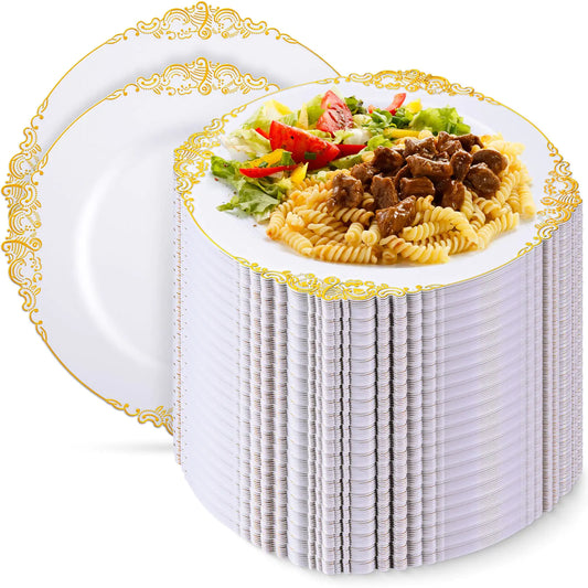 Shellwei 200 Pcs Plastic Plates Plastic Dinner Plates With Rim for Weddings Upscale Parties Thanksgiving Tableware(Gold 7.5 Inch)