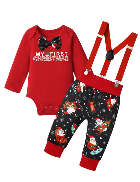 KANGKANG Baby Boy Christmas Outfit 0-3 months My First Christmas baby boy outfit Gentleman Rompers + Santa Suspender Pants 2Pcs Christmas Set