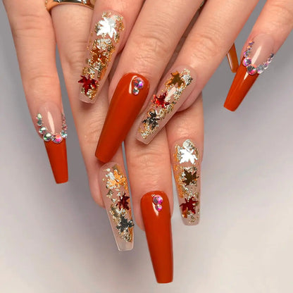 Autumn Press on Nails Long Coffin Fake Nails Red French False Nails with Yellow Maple Leaves Sequin Designs Glue on Nails Thanksgiving Acrylic Nails Fall Rhinestone Nails for Women Manicure 24 Pcs