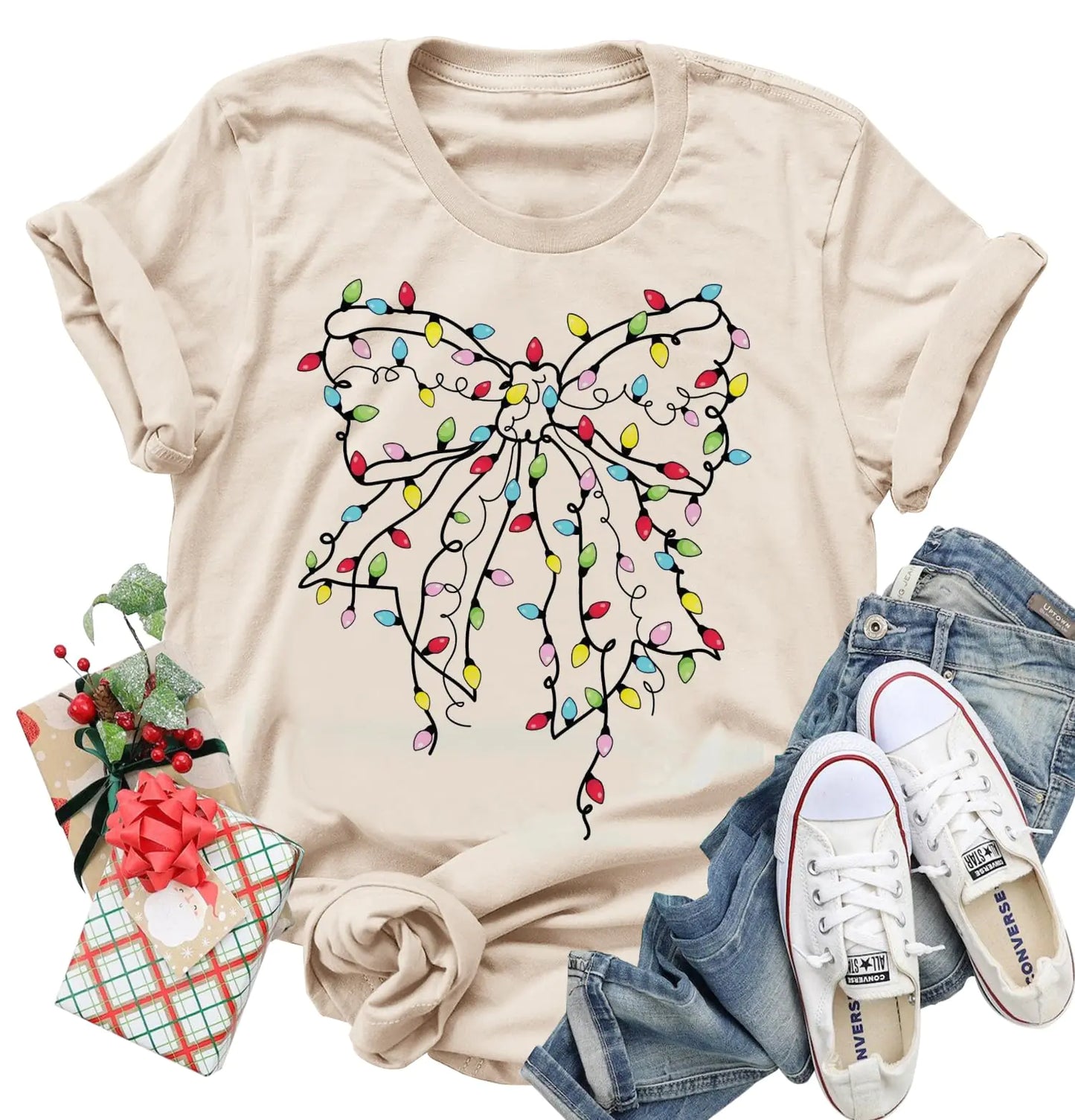 Coquette Bow Christmas Shirts for Women Vintage Christmas Light Bow Christmas T Shirt Xmas Holiday Graphic Tee Tops (L Bow-Beige)