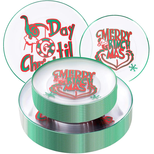 SUT 60Pcs Christmas Plastic Plates Grinch PlatesGrinch Plastic Plates Including 10.25 inch Christmas Dinner Plates and 7.5 inch Dessert Plates Christmas Party Plates for Christmas Dinner.