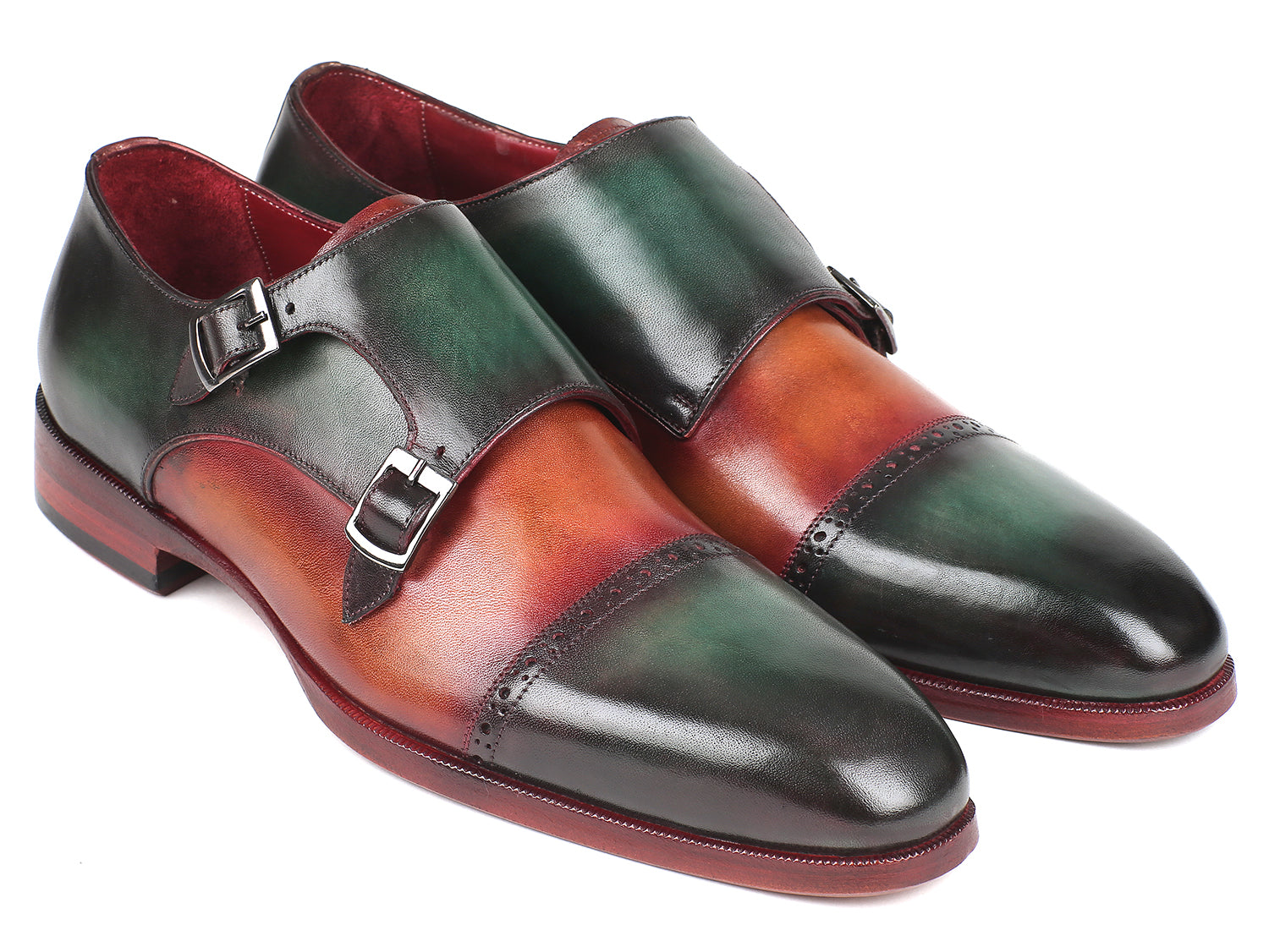 Image of Paul Parkman Captoe Double Monkstraps Green & Camel (ID#0... from Edmene LLC