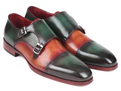 Image of Paul Parkman Captoe Double Monkstraps Green & Camel (ID#0... from Edmene LLC