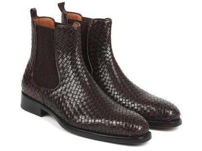 Image of Paul Parkman Chocolate Brown Woven Leather Chelsea Boots from Edmene LLC