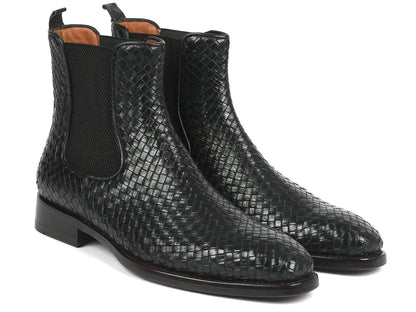 Image of Paul Parkman Black Woven Leather Chelsea Boots (ID#92WN87... from Edmene LLC