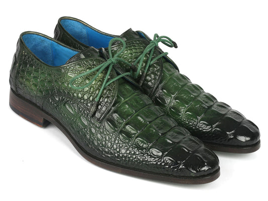 Image of Paul Parkman Men's Green Croco Textured Leather Derby Shoes from Edmene LLC