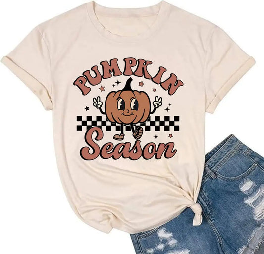 Fall Pumpkin Shirts Women Family Halloween Thanksgiving Tops Cute Autumn Thankful Pumpkin Fall Graphic Tees(Beige-5M)
