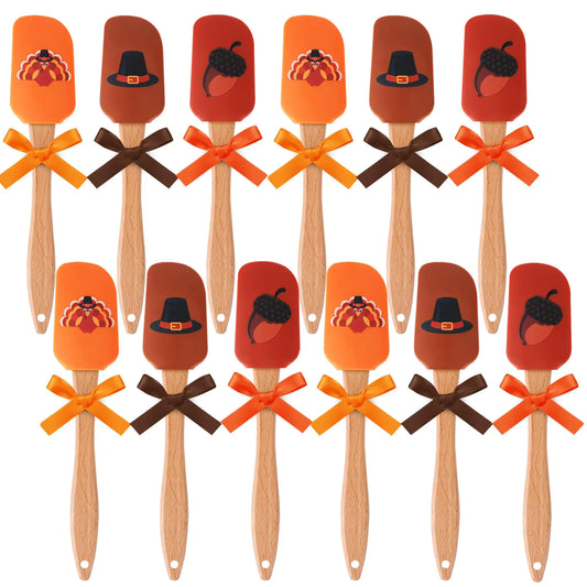 12 Pcs Thanksgiving Silicone Spatula Turkey Hat Chestnuts Pattern Holiday Spatulas Heat Resistant Spatula with Wooden Handle Thanksgiving Silicone Scraper with Ribbon Bows for Thanksgiving Party Gifts