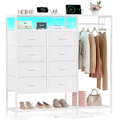 White Dresser for Bedroom with 8 Drawers Bedroom Dresser with Hanging Rack Clothes Dresser with Led Lights Closet Dresser with Charging Station 47 Inch Dresser with Shelves for Bedroom Closet