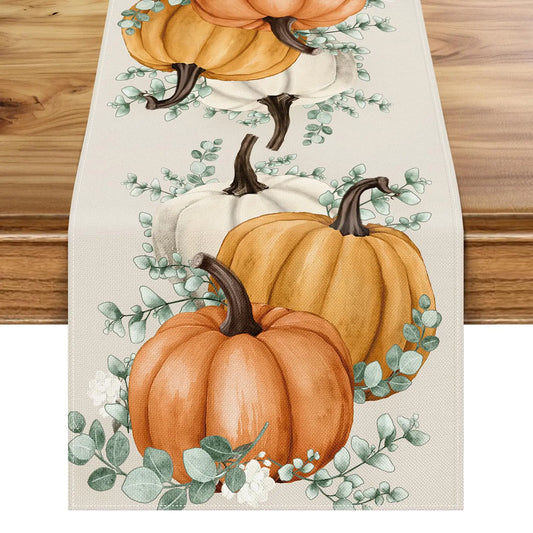AKTEAM Thanksgiving Table Runner Fall Orange Colorful Pumpkin Autumn Eucalyptus Leaves Table Runners for Kitchen Dining Coffee or Indoor and Outdoor Home Parties Decor 13 x 72 Inches