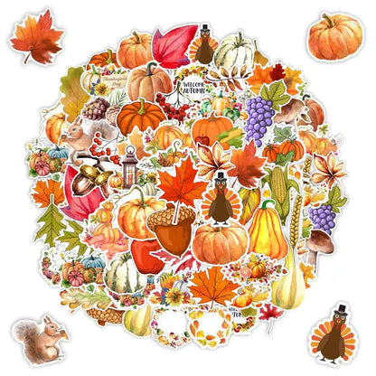50PCS Thanksgiving Stickers Autumn Harvest Fall Pumpkin Turkey Maple Leaf Stickers Decals for Thanksgiving Waterproof Vinyl Decals for Water Bottle Luggage Scrapbook Phone Laptop Harvest Party Decor
