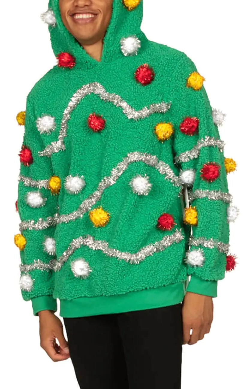 Tipsy Elves Mens Hooded Ugly Christmas Sweaters - Funny and Tacky Embellished Christmas Hoodies For Men - Oh Christmas Tree Ugly Christmas Hoodie w/Tinsel PomPoms and Stuffed Star Size Small