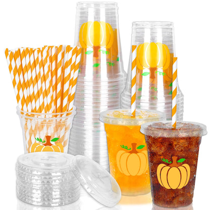 Whaline 50Pcs Fall Disposable Plastic Cups with Lids and Straws 12oz Party Cups Orange Pumpkin Cold Beverage Drinking Cups for Autumn Thanksgiving Party Supplies
