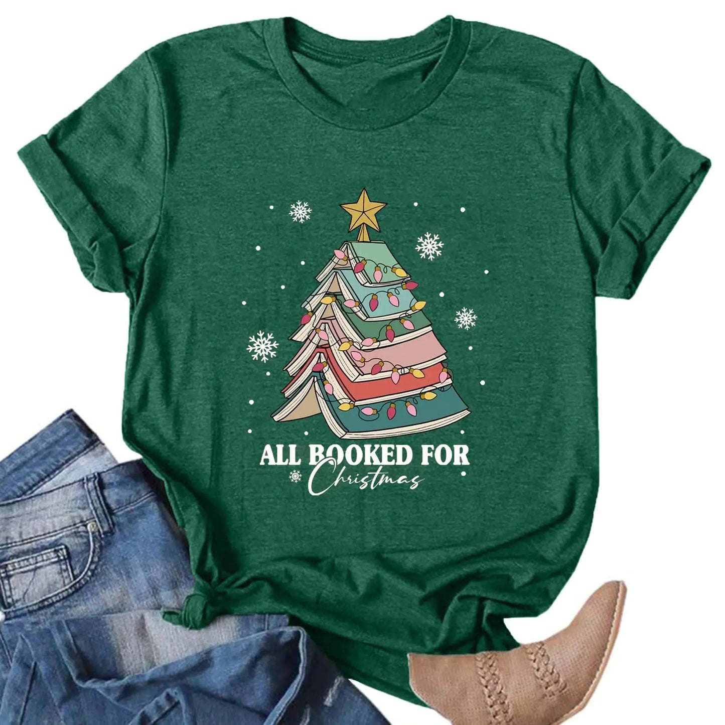 Christmas Crew Shirts for Women Merry and Bright Christmas Shirt Xmas Tree Graphic Tee Tops Holiday Tshirts Book Christmas Trees XXL