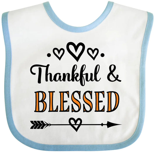 inktastic Thanksgiving Greeting Thankful Blessed Baby Bib White and Blue 38343