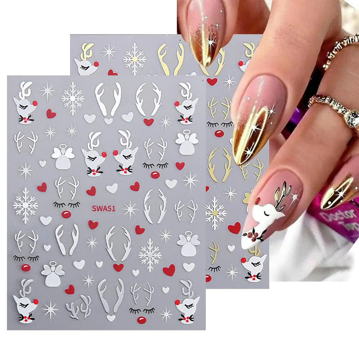4 Sheets Christmas Elk Nail Art Stickers - Christmas Nail Decals 3D Self-Adhesive Christmas Deer Snowflake Design Christmas Nail Sticker Acrylic Nail Art Decoration for Women Holiday Nail Decals