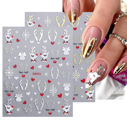 4 Sheets Christmas Elk Nail Art Stickers - Christmas Nail Decals 3D Self-Adhesive Christmas Deer Snowflake Design Christmas Nail Sticker Acrylic Nail Art Decoration for Women Holiday Nail Decals