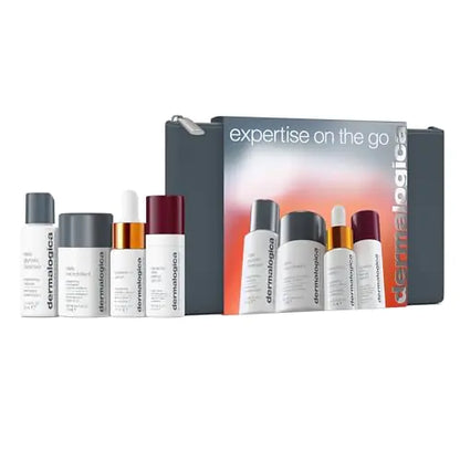 Dermalogica Expertise on the Go – Travel Size Skin Care Gift Set Contains Face Cleanser Exfoliator Serum Moisturizer with SPF and Skincare Bag