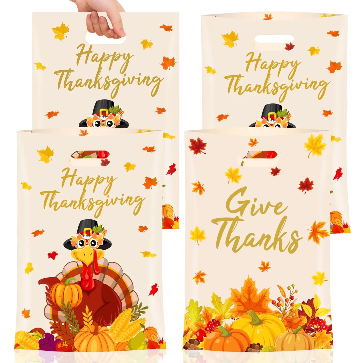 40 Pcs Thanksgiving Gift Bags - Happy Thanksgiving Goodie Bags Plastic Fall Maple Leaves Pumpkin Give Thanks Turkey Treat Candy Favor Tote Bags with Handles for Autumn Thanksgiving Party Favors Bulk