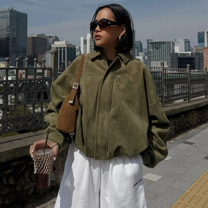 Image of Traf Womens Bomber Jacket Lapel Long Sleeve Zipper Suede Jacket Women 70296178 from Edmene LLC