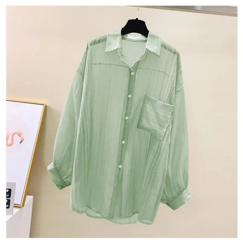Image of Summer Sunscreen Shirt Elegant Perspective Thin Chiffon Blouse Korean 515255978 from Edmene LLC