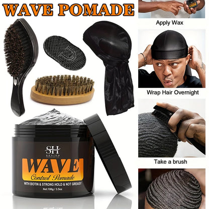 100g Waves Control Pomade Set 360 Wavy Hair Oil With Brush Natural