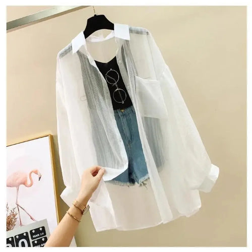 Image of Summer Sunscreen Shirt Elegant Perspective Thin Chiffon Blouse Korean 515255978 from Edmene LLC