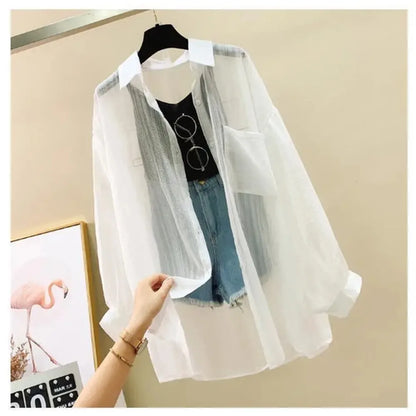 Image of Summer Sunscreen Shirt Elegant Perspective Thin Chiffon Blouse Korean 515255978 from Edmene LLC