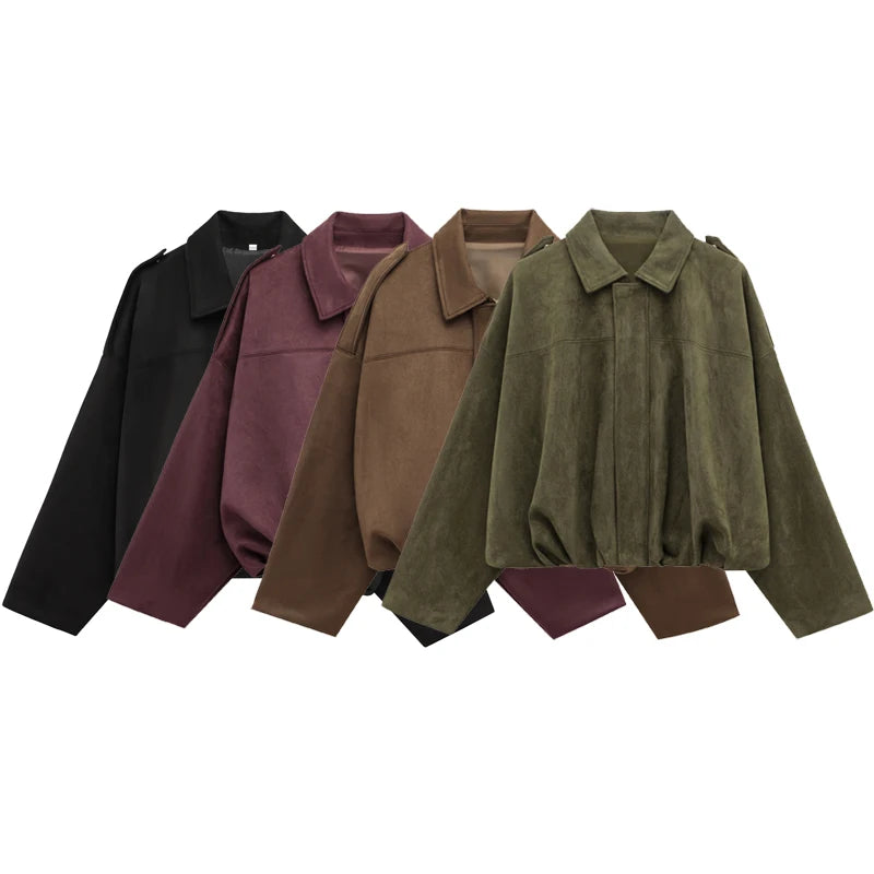 Image of Traf Womens Bomber Jacket Lapel Long Sleeve Zipper Suede Jacket Women 70296178 from Edmene LLC