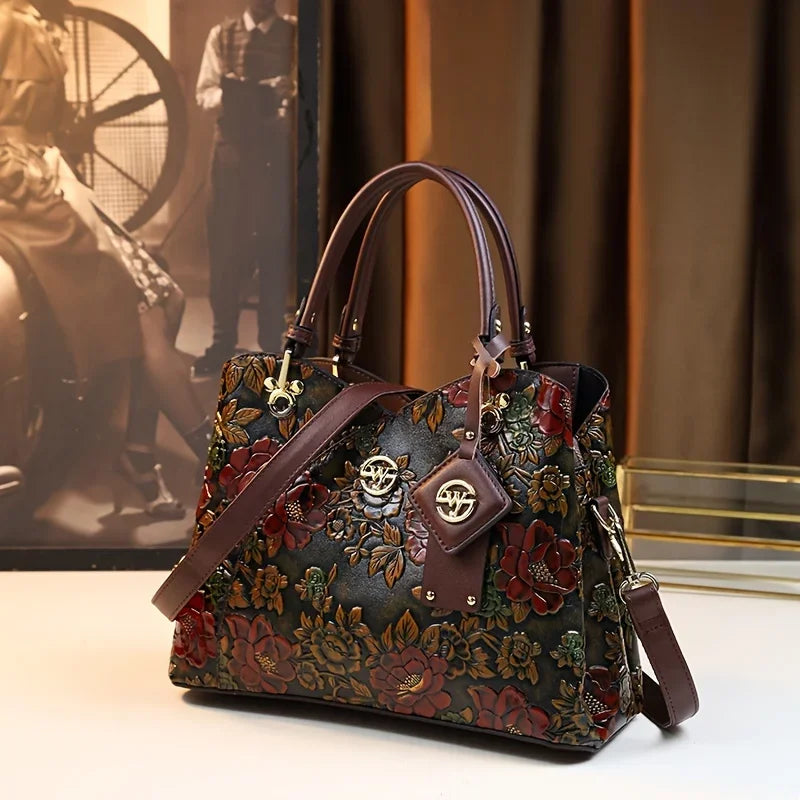 Image of Vintage Flower Pattern Handbag, Luxury PU Leather Tote Ba... from Edmene LLC