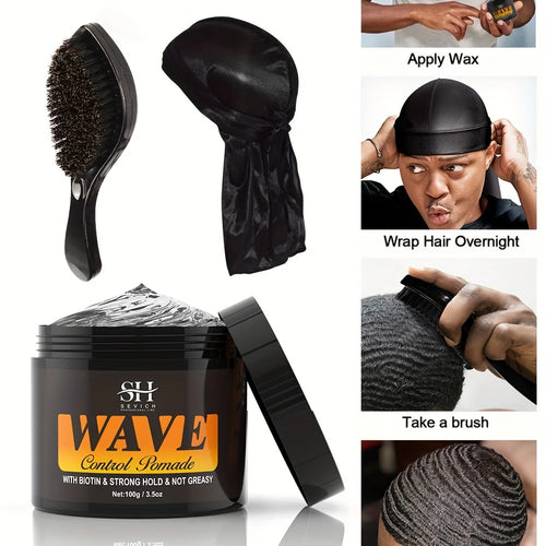 100g Waves Control Pomade Set 360 Wavy Hair Oil With Brush Natural