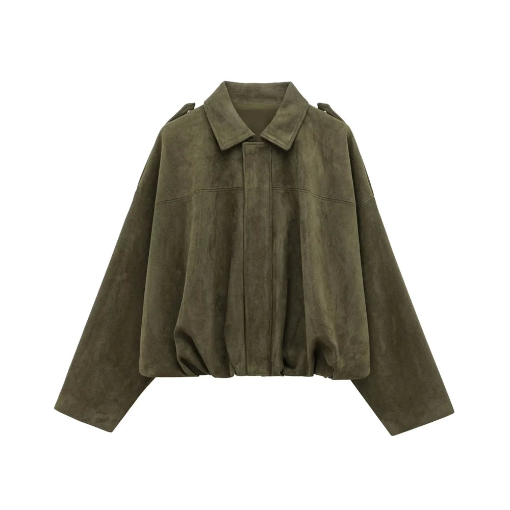 Image of PB&ZA 2025 Women Faux Suede Collared Jacket with Shoulder... from Edmene LLC