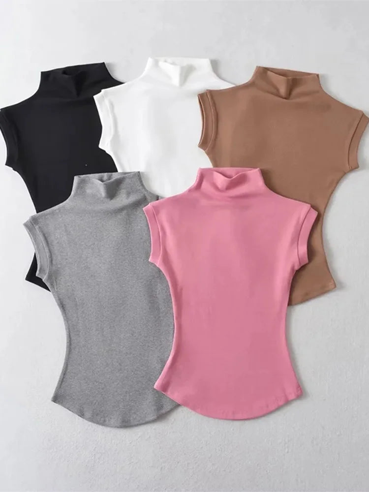 Image of Women Summer Sexy Turtleneck Sleeveless T-Shirts Tops Sol... from Edmene LLC