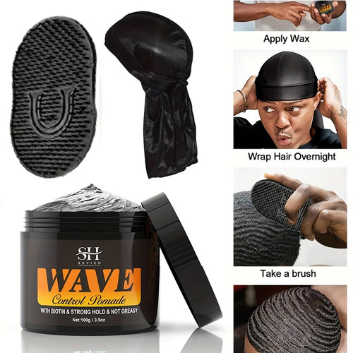 100g Waves Control Pomade Set 360 Wavy Hair Oil With Brush Natural