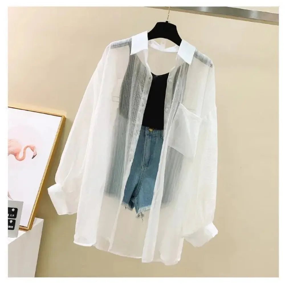 Image of Summer Sunscreen Shirt Elegant Perspective Thin Chiffon Blouse Korean 515255978 from Edmene LLC