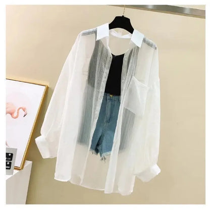 Image of Summer Sunscreen Shirt Elegant Perspective Thin Chiffon Blouse Korean 515255978 from Edmene LLC