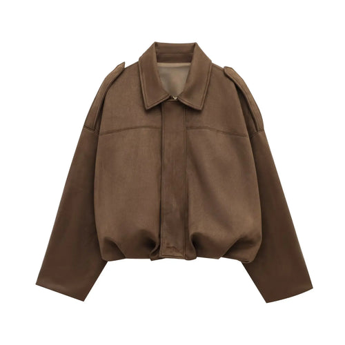 Image of Pb Za 2025 Women Faux Suede Collared Jacket With Shoulder Straps Loose 154277866 from Edmene LLC