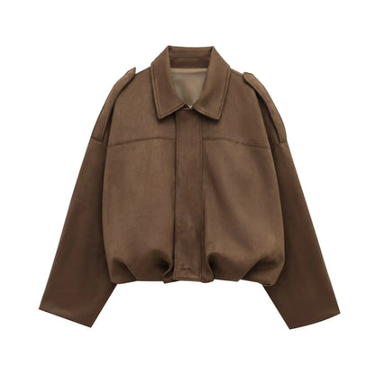 Image of Pb Za 2025 Women Faux Suede Collared Jacket With Shoulder Straps Loose 154277866 from Edmene LLC